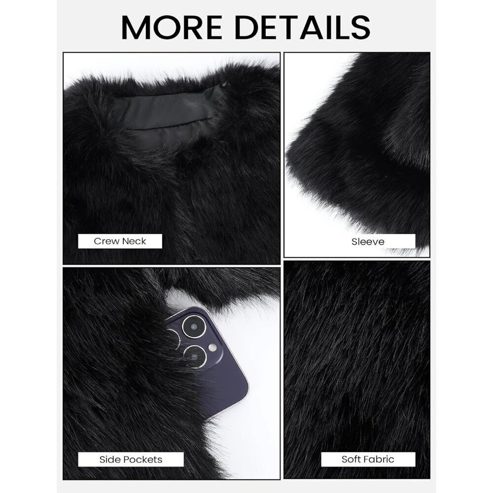 Women's Black Wyeysyt Faux Fur Cropped Coat Fluffy Open Front Warm Winter Jacket - Picture 7 of 8